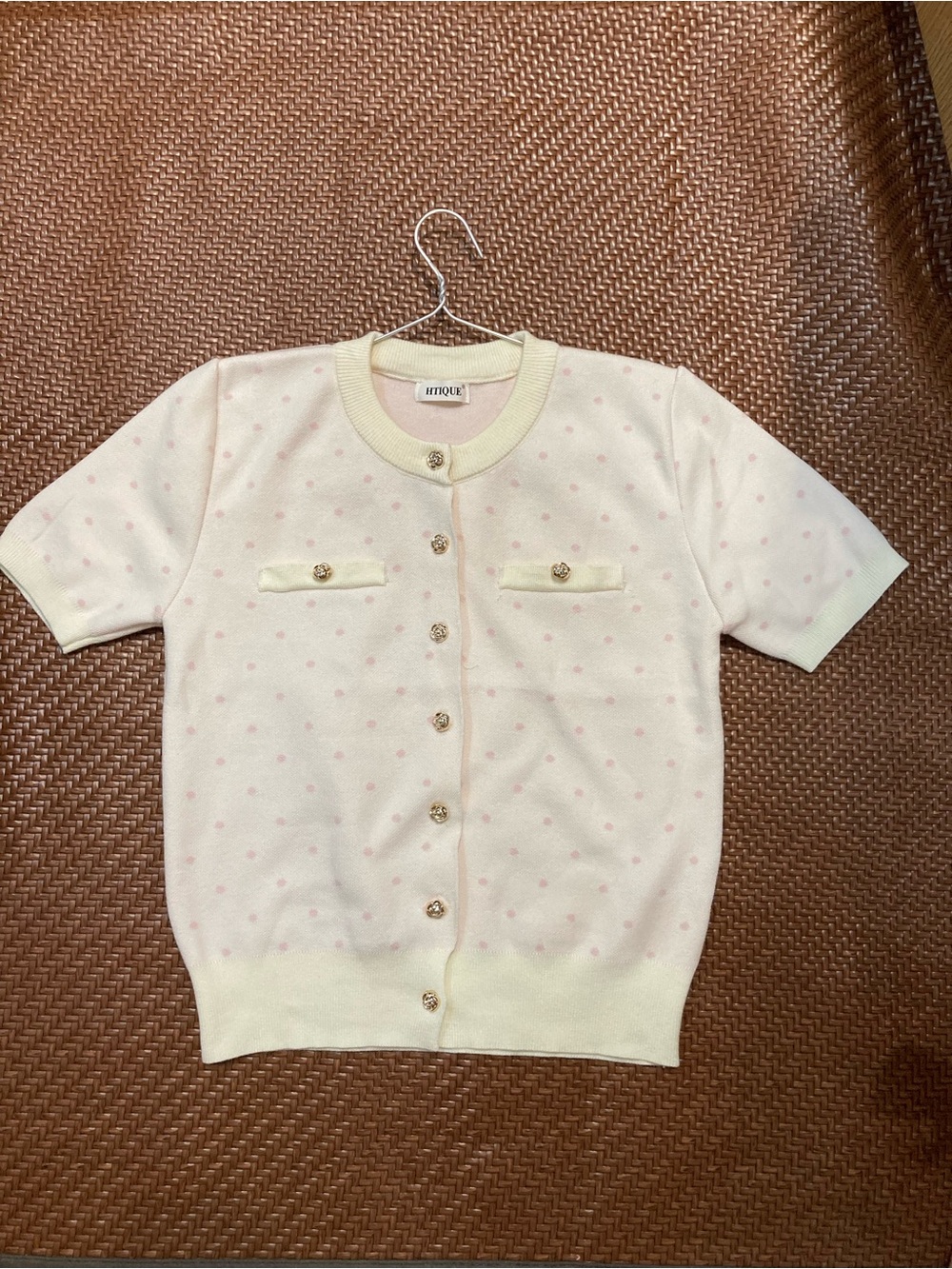 Cream Knit Short-Sleeve Cardigan with Pink Polka Dots